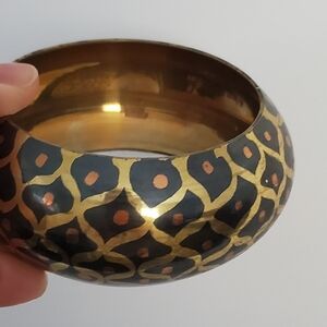 Unique Black and Gold Peacock Patterned Brass Bangle Bracelet 1.5" Wide Concaved